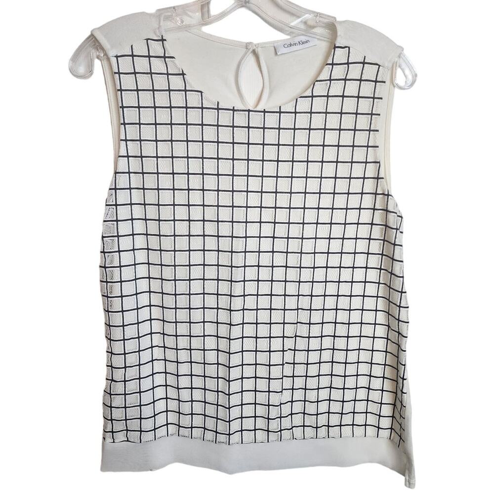 Calvin Klein Cream/Black Checkered Sleeveless Blouse,